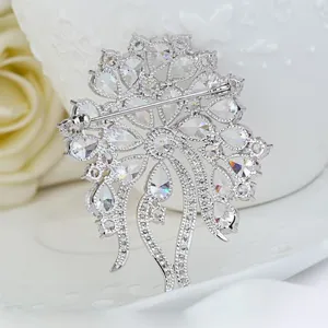 Vintage flower brooch pin with sparkling 3A cubic zirconia in elegant silver finish