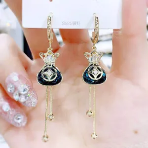 Detailed view of blue fortune bag tassel earrings with S925 silver needles for women.