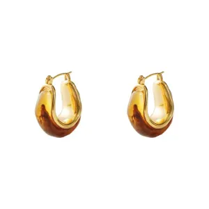 Retro amber resin hoop earrings with gold-tone metal finish detail