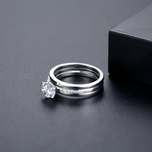 Elegante zilverkleurige dubbellaagse ringenset met sprankelende AAA-zirkonastenen voor dames