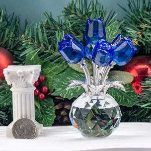 Blue crystal rose flower bouquet figurine with faceted vase for home decor and holiday gifts.