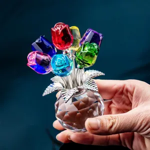Crystal flower figurine with colorful crystal roses and silver base for home decor gift.