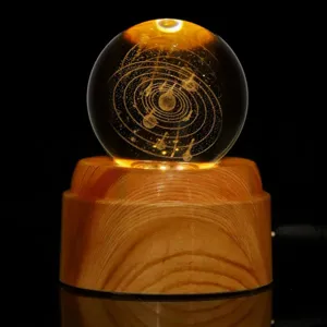 Detalle en primer plano del sistema solar grabado con láser 3D en una bola de cristal