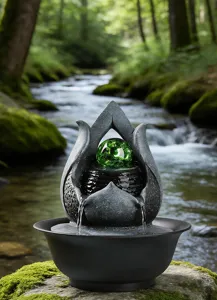 Detailansicht eines Lotus-Tischbrunnens mit grüner Kristallkugel in Waldumgebung.