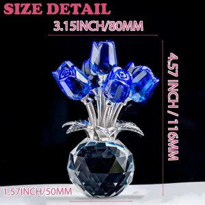 Exquisite blue crystal rose flower bouquet ornament with faceted vase base for home decor.