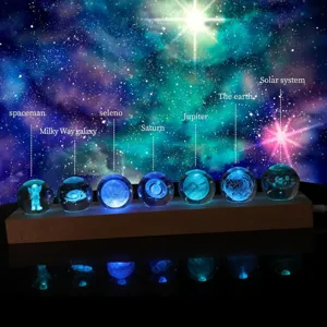 Detailed macro view of 3D solar system crystal balls on a warm glowing LED wooden base