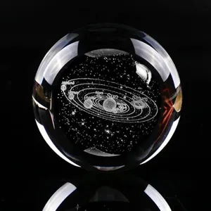 Close-up detail of laser-engraved solar system inside a clear crystal ball