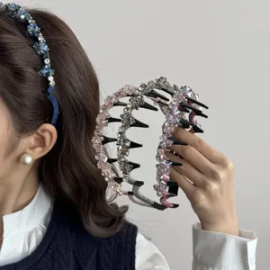 Multi-color crystal bejeweled headbands with teeth shown on model for a vintage hair look.