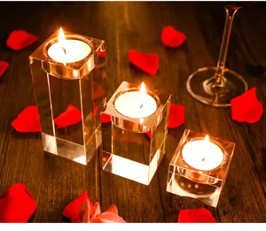 Crystal candle holders set of three clear glass pillar candle stands for romantic table decor.