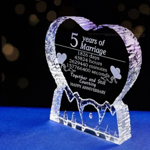 Heart-shaped crystal anniversary plaque with 5 years of marriage engraving