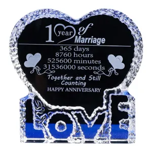 Heart-shaped crystal souvenir for 1st wedding anniversary with LOVE base design