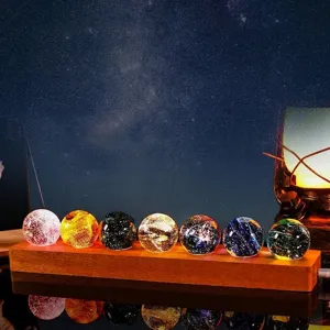 Colorful galaxy pattern glass spheres on wooden base Seven Star Array home decor