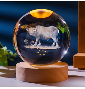Elegant 3D laser engraved bull zodiac crystal ball night light on glowing wooden base