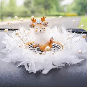 Adorable cartoon deer car dashboard ornament with white feathers and elegant pearls