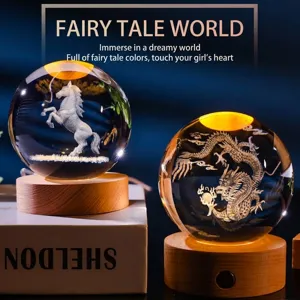 Exquisite 3D laser engraved zodiac crystal ball night light on a warm wooden LED base