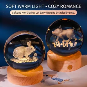 3D laser engraved zodiac crystal ball night light with warm LED wooden base gift