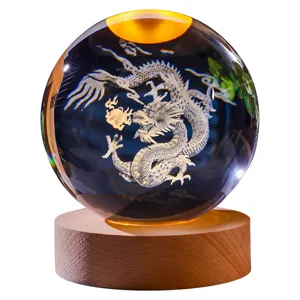 Elegant 3D laser etched dragon crystal ball night light with glowing wooden base gift