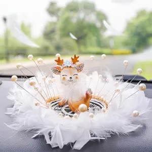 Cartoon Cartoon Deer Car Ornament Dashboard Interior Decoration Rhinestone Crystal Deer With Feather Pearl Base Decor