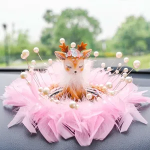 Exquisite deer car dashboard ornament with soft pink feathers and pearl beads car decor