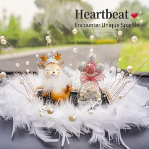 Creative deer car ornament set with white feathers and crystal pearl bottle