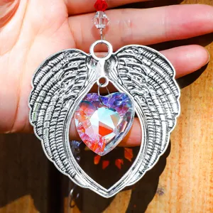 Angel wings sun catcher with heart-shaped rainbow crystal for home window car hanging decor