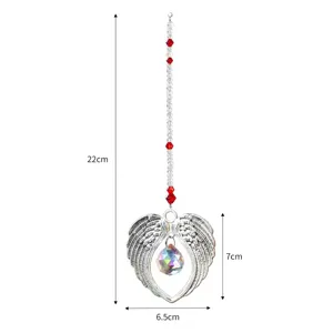 Decorative crystal suncatcher featuring silver angel wings and vibrant red beads