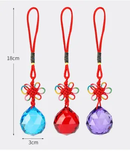 Faceted crystal ball pendants with red Chinese knots showing 18cm and 3cm sizes