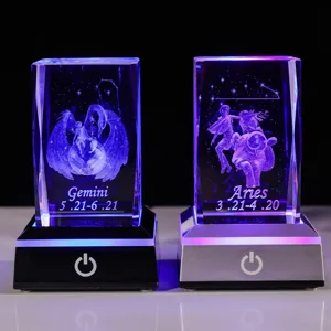 3D Lasergravur Kristall Tierkreiszeichen Ornament Mit LED Licht Basis Modernes Home Office Desktop Dekoration Geburtstagsgeschenk