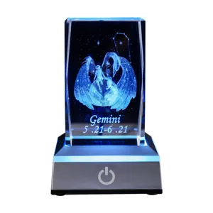 Gemini 3D laser-gravierter Kristallblock mit blauem LED-Leuchtsockel Schreibtischgeschenk