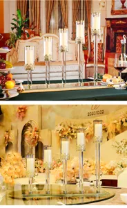 Detailed view of elegant 5-arm crystal candle holders for wedding and banquet table decor