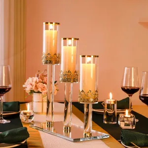 High-end 3-arm crystal candle holder set with gold filigree for wedding decoration