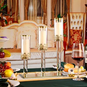 Elegant 3-arm crystal candle holder set with gold trim for wedding and dining decor