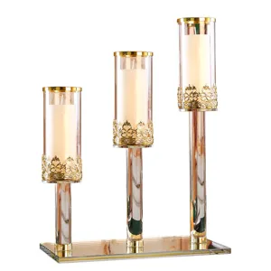 Luxurious set of 3 crystal glass candle holders with gold hollow lace for wedding centerpieces