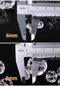 Detailed measurement view of faceted clear crystal beads in 6mm and 8mm diameter sizes