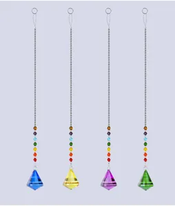 Colorful crystal pendant hanging ornament with metal chain for DIY lighting decoration.