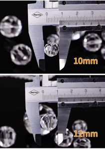 Faceted crystal beads for lighting shown with 10mm and 12mm diameter measurements.