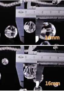 Macro view showing precise 14mm and 16mm measurements of multi-faceted clear crystal beads