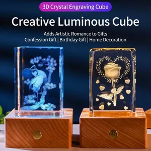 Crystal Cube Night Light Bluetooth Speaker Base Laser Inner Carving Panda Landmark LED Table Lamp Decor Rechargeable Gift