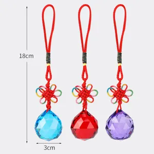Set of three colorful faceted crystal ball pendants with traditional red Chinese knots
