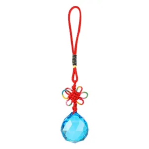 Blue faceted crystal ball pendant with handcrafted red Chinese knot cord decoration