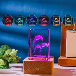 Creative 3D laser engraved crystal night light with dolphin design on wooden LED base