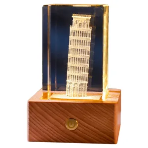 3D laser engraved crystal night light featuring Leaning Tower of Pisa with wooden LED base