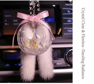 Star crystal ball car pendant with pink ribbon and white faux fur tail detail