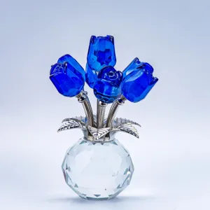 Crystal blue rose flower ornament with clear crystal vase base, elegant home decor gift.