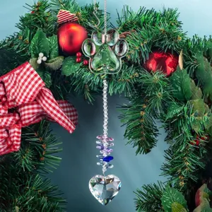 Crystal suncatcher pendant featuring a cat dog paw and heart design for home window decor.