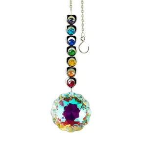 Rainbow maker crystal sun catcher with colorful chakra heart gems and large faceted prism pendant