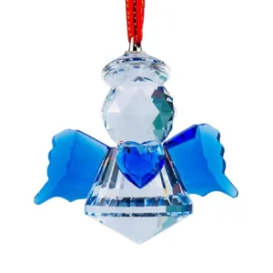 Faceted crystal angel suncatcher ornament with blue wings and heart on a red string