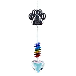 Metal pet paw suncatcher crystal hanging ornament with rainbow beads and heart pendant for decor.