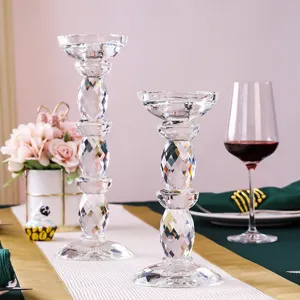 Set of two elegant European faceted crystal glass candle holders for romantic wedding table decor