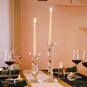 Elegant European crystal glass candle holders set for romantic wedding dining table decor.